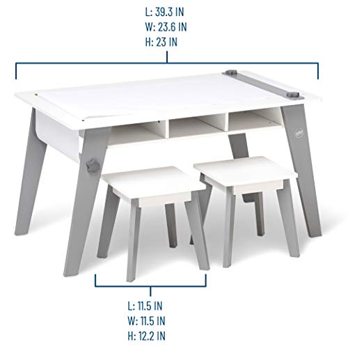 Wildkin Kids Arts and Crafts Table Set for Boys and Girls, Mid Century Modern Design, Includes Two Stools, Paper & Storage Cubbies Underneath Helps Keep Art Supplies Organized (Gray) , Grey