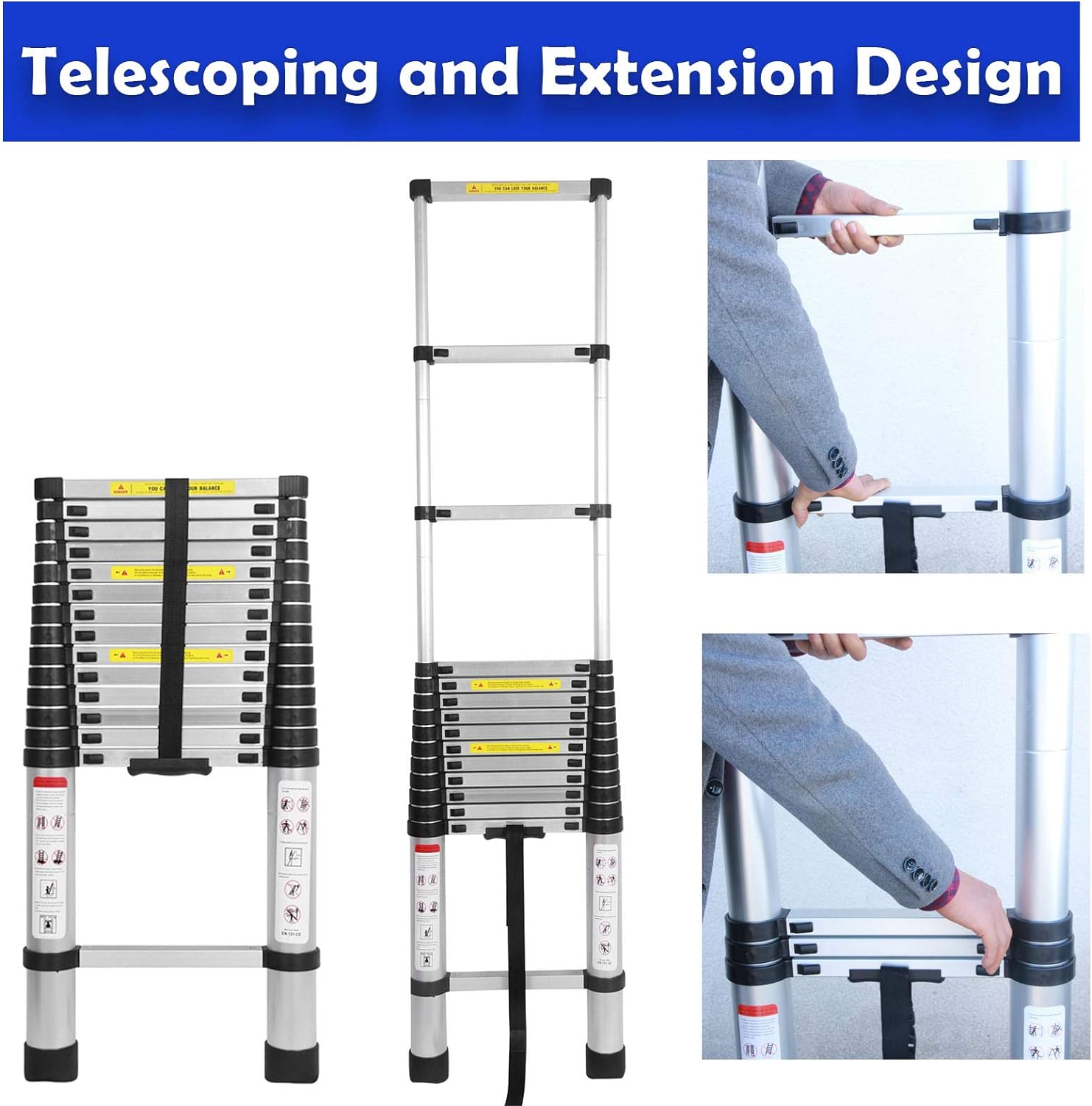 20ft Aluminum Telescoping Ladder Adjustable Height EN131 Certificated, 330lbs Max Load Heavy Duty Portable Extension Folding Ladder Anti-Slip Rubber Feet Easy to Extend or Retract