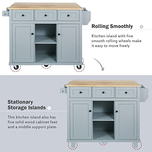 Kitchen Island with Storage, Two-sided Rolling Extended Table on Wheels w/Wood Top, Kitchen Island Cart w/Wine and Spice Rack, 2 Drawers, 3 Open Compartments for Dinning Room