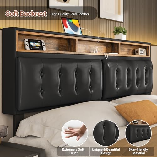 Hasuit California King Floating Bed Frame with LED Lights, California King Bed Frame with Headboard and Charging Station, Cal King Bed Frame No Box Spring Needed, Easy to Assemble, Faux Leather Black