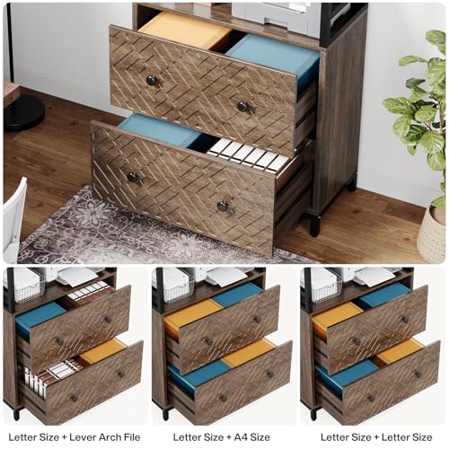 Tribesigns 2-Drawer File Cabinet, Vertical Lateral Filling Cabinet for Letter Size/A4 Size, Printer Stand with 3 Open Storage Shelves for Home Office (Brown)