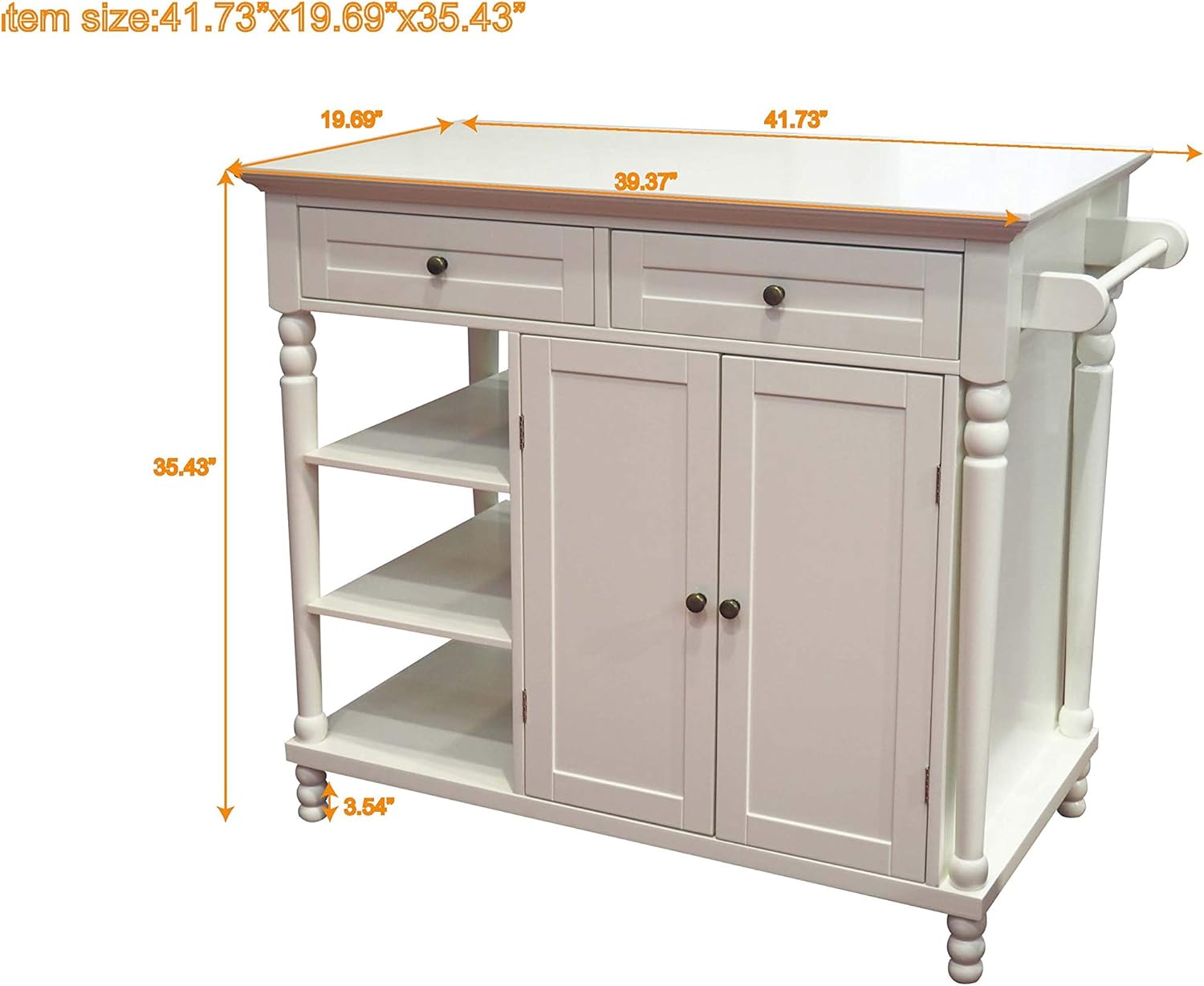 eHemco Euro Kitchen Island with Storage Cabinet, 2 Drawers and 3 Open Shelves, White