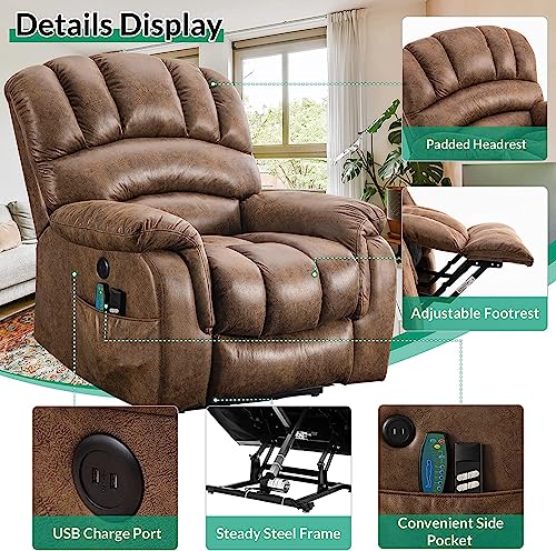 VIVIJASON Large Dual OKIN Motor Lay Flat Sleeper Lift Recliner Chair with Heat & Massage for Elderly, Infinite Position Electric Power Recliner with 2 Remote Controls, Side Pockets & USB Ports, Sand