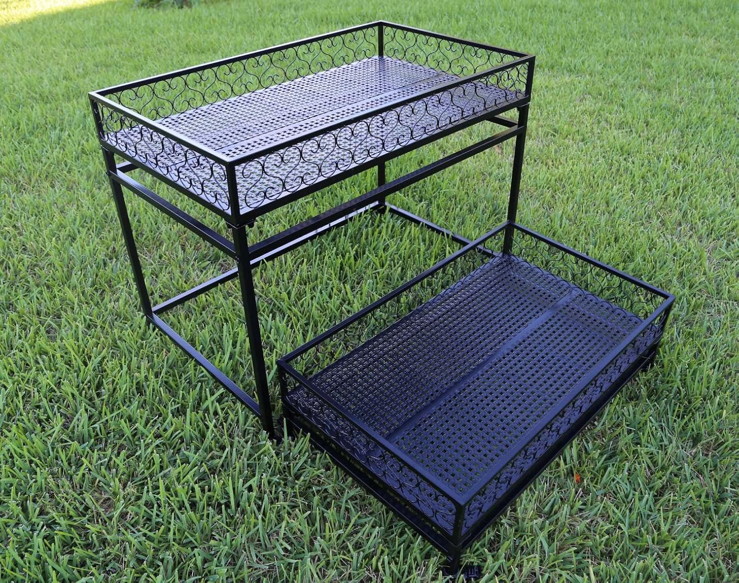 2-Tiers Metal Mobile Raised Garden Succulent Flower Stand, Floor Standing Elevated Balcony Planter Garden Stand with Wheels, Indoor-Outdoor Flower Pot Black Rack and Storage Shelf