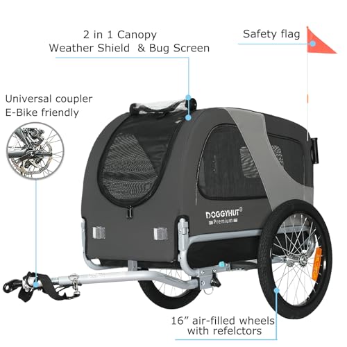 DOGGYHUT® Premium M Pet Bike Trailer & Stroller 2-in-1,for Dogs up to 50 lbs,Parking Brakes,Easy Folding Cart Frame, Universal Bicycle Coupler,E-Bike Friendly