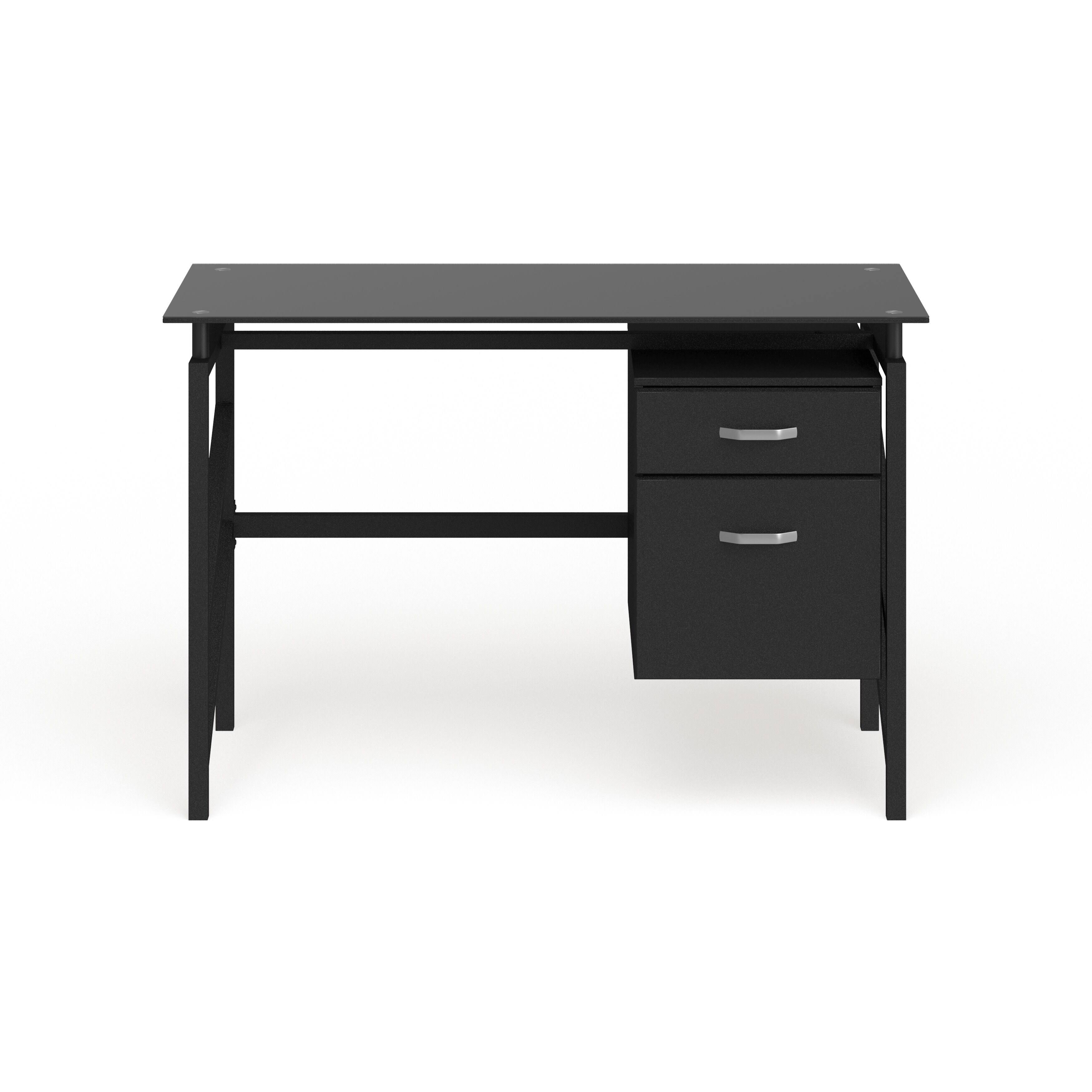 Lancaster Home Two Drawer Pedestal Desk with Tempered Glass Top and Metal Frame, Size: Medium, Black