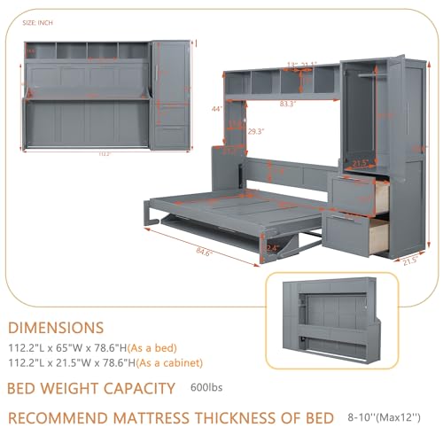 Linique Full Size Murphy Cabinet Storage Wall Bed with Closet and Drawers and Built-in Top Shelf,Hide a Bed on a Wardrobe Space Saving Design,Gray