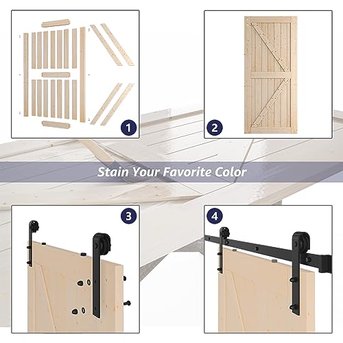 SMARTSTANDARD 36in x 84in Sliding Barn Door with 6.6ft Barn Door Hardware Kit Included, Unfinished Solid Spruce Wood Door, Assembly Required, DIY, Stainable, Natural
