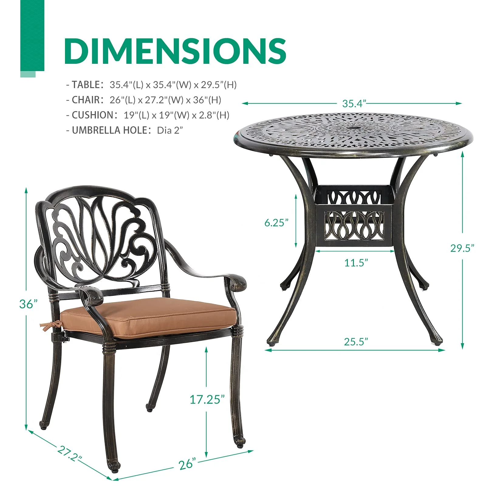 VIVIJASON 3-Piece Patio Bistro Sets, All-Weather Cast Aluminum Bistro Table Set Outdoor Patio Furniture, Include 2 Cushioned Chairs and 35.4" Round Table, 2" Umbrella Hole - Curated Treasures Market