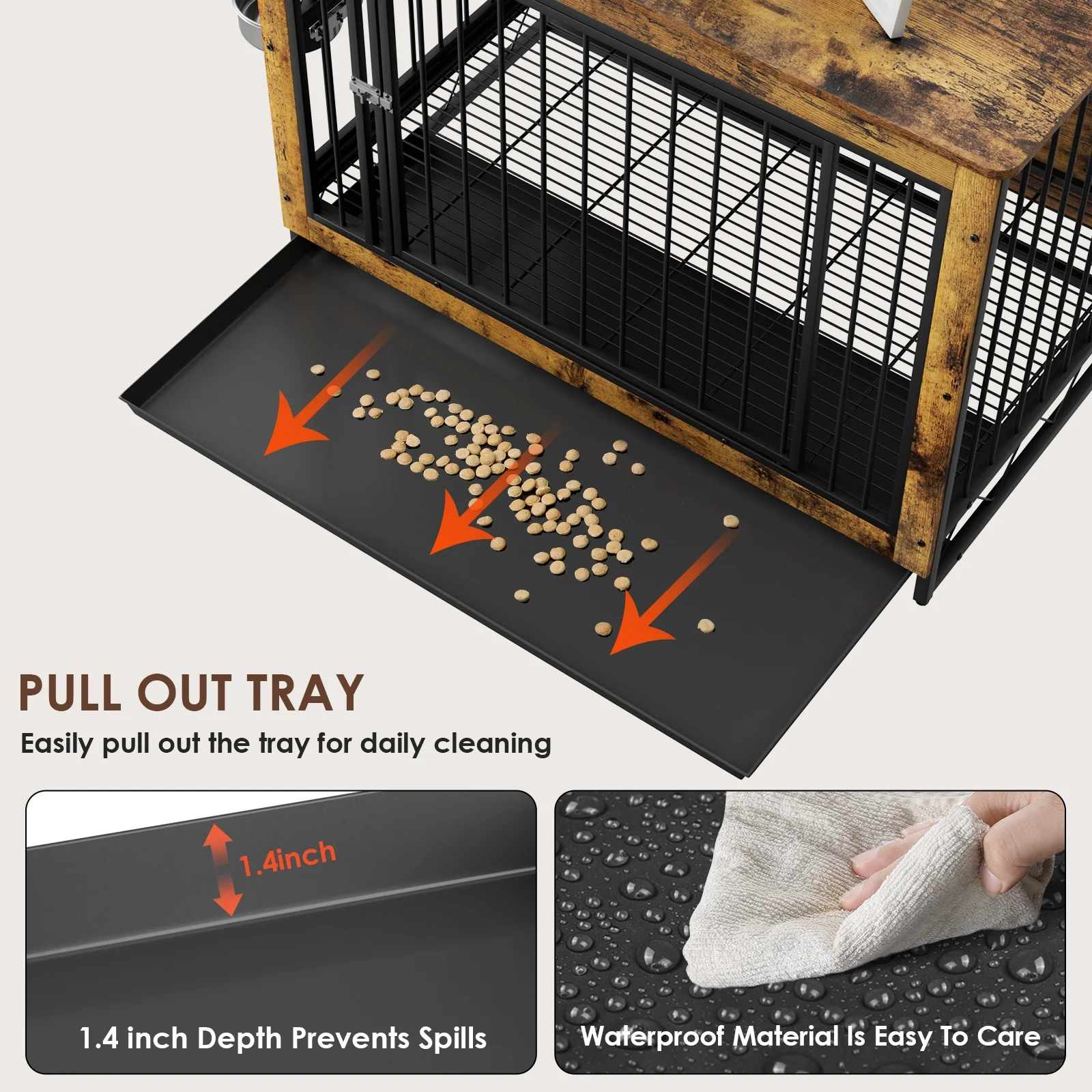 Arlopu 44.1'' Furniture Style Large Dog Crate with 2 Stainless Steel Bowls, Wooden Dog Cage End Table Dog House Heavy Duty Indoor Kennel for Small, Medium, Large Dogs