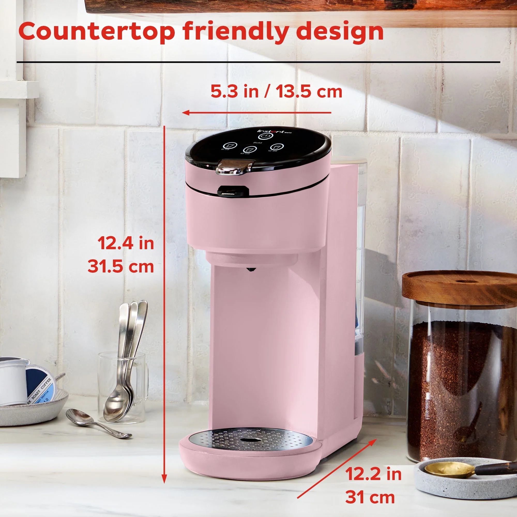 Instant Solo 2-in-1 Single Serve Coffee Maker for Ground Coffee or K-Cup Pods with 3 Brew Sizes, Maroon Red