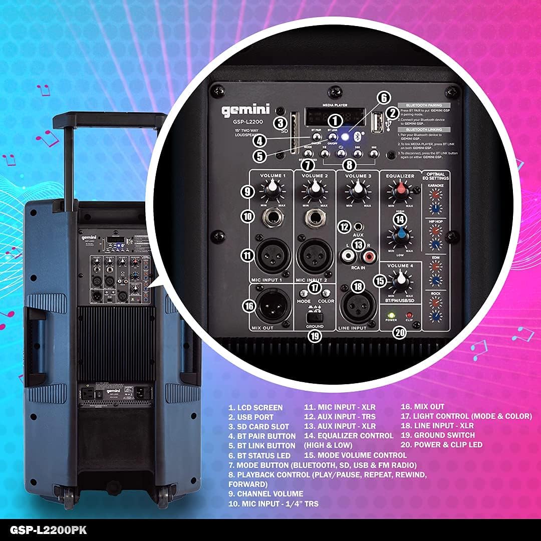 Gemini Sound GSP-L2200PK Indoor Outdoor Ultra Powerful Bluetooth 2200W Watts Peak Speaker, 15 Inch Woofer, LED Party Lights, Built in Media Player, FM Radio, USB/SD Card/Microphone, Speaker Stand