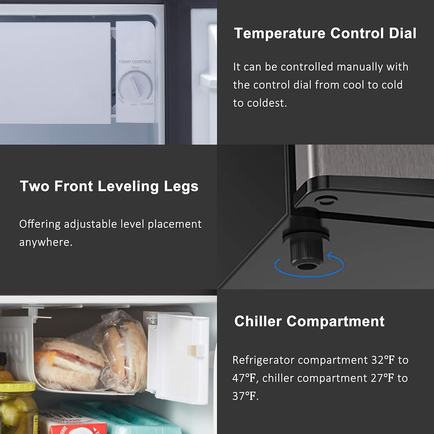 Walsh WSR17S5 Compact Refrigerator, 1.7 Cu.Ft Single Door Fridge, Adjustable Mechanical Thermostat with Chiller, Reversible Doors, Stainless Steel Look