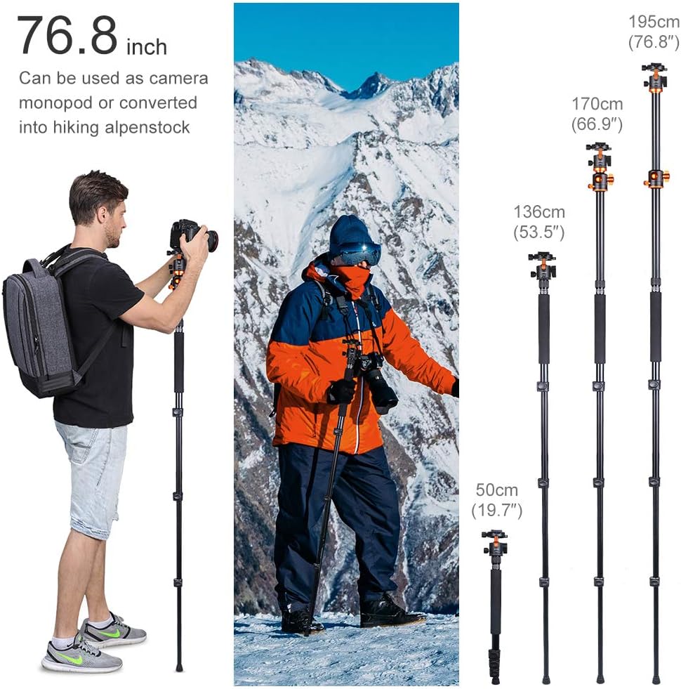 K&F Concept 72 Inch Camera Tripod, S211 Transverse Center Column Aluminium Professional DSLR Tripod with 360 Degree Ball Head,Quick Release Plate,Detachable Monopod 10kg Load for Travel and Work