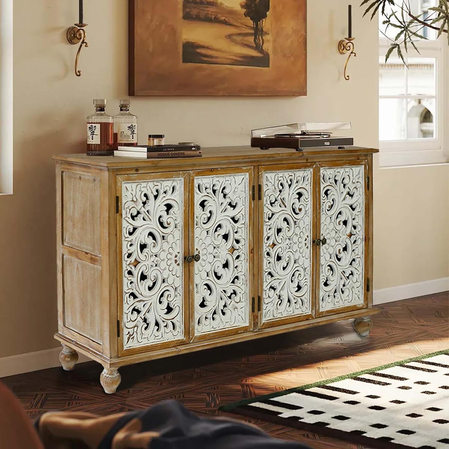Dolonm Accent Cabinet with 4 Doors, Farmhouse Sideboard Buffet Cabinet with Storage, Modern Storage Cabinet with Wood Carved Floral Doors for Living Room, Dining Room, Entryway, Hallway, Kitchen