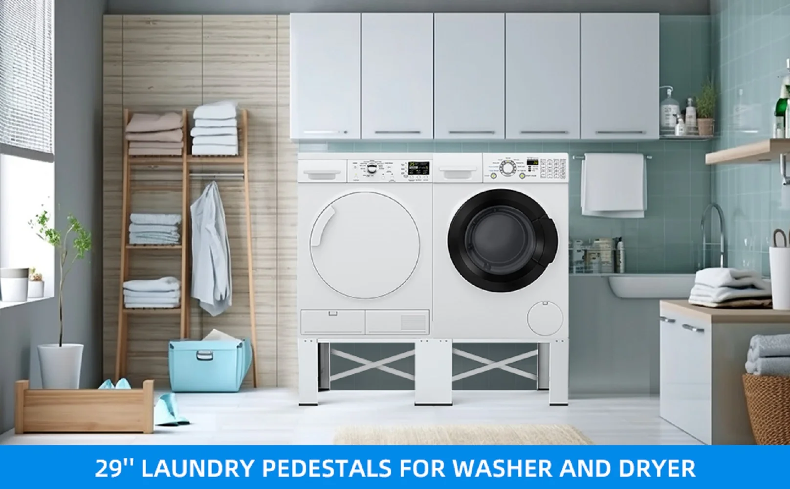 2-in-1 Upgraded Design Wash Dryer Pedestals 29" Matalde Laundry Pedestal Heavy Duty, Washer and Dryer Stand, White - Curated Treasures Market