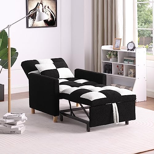 3-in-1 Convertible Sleeper Sofa Chair Bed, Adjustable Sofa Chair with Pillow, Multi-Functional Sleeper Chair velvet Fabric with Adjustable Backrest for Living Room Bedroom Office (Black White)