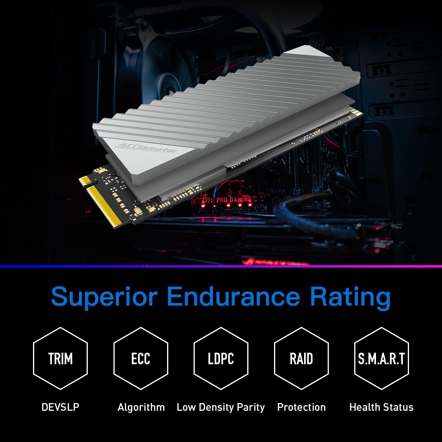 Acclamator 1TB M.2 NVMe Interface Internal Gaming SSD Solid State Drive Gen4 PCIe 4.0 Read 7300 MB/s Write 6000 MB/s M.2 2280 DRAM SLC Cache 3D NAND TLC