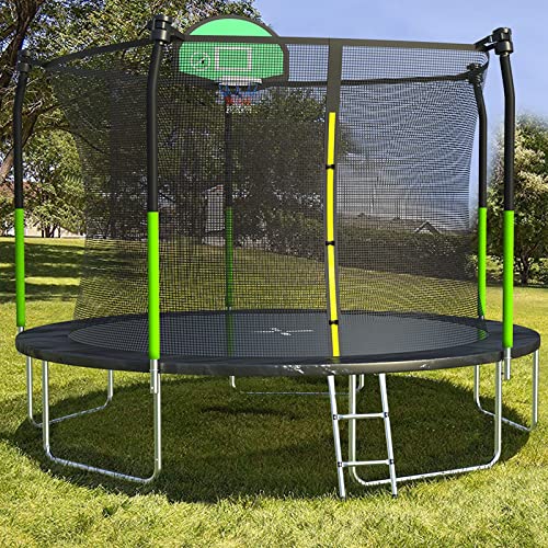 AOTOB 8FT 10FT 12FT 14 FT 15FT Trampoline with Safety Enclosure Net，Outdoor Trampoline with Basketball Hoop, Heavy Duty Jumping Mat and Spring Cover Padding for Kids and Adults, Storage Bag and Ladder