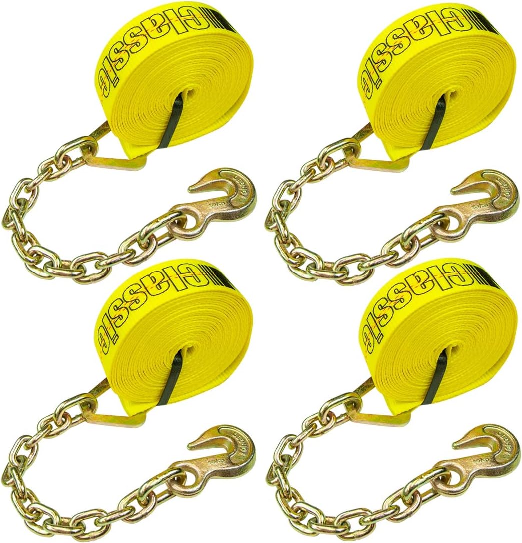VULCAN Winch Strap with Chain Anchor - 2 Inch x 27 Foot - 4 Pack - Classic Yellow - 3,600 Pound Safe Working Load