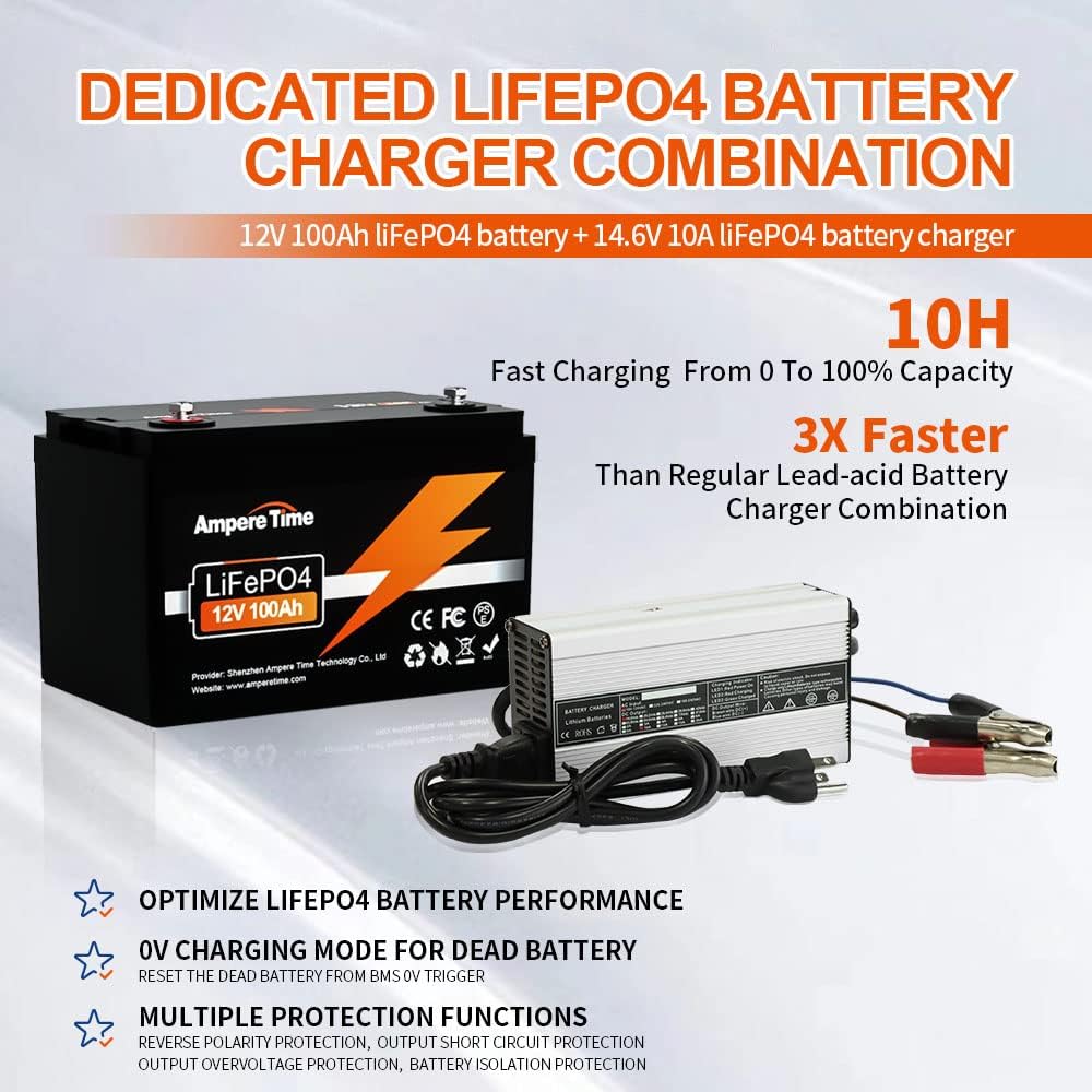 Ampere Time 12V 100Ah LiFePO4 Battery with 14.6V 10A Dedicated Lithium Battery Charger; Built-in 100A BMS, 4000+ Cycles, for RV, Solar, Marine, Overland, Off-Grid Application…