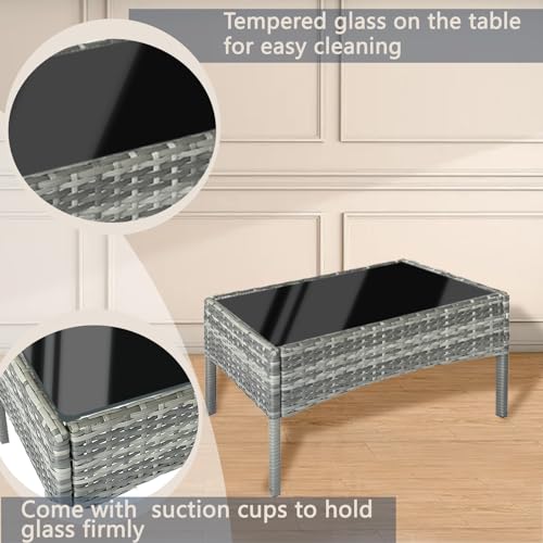 PatLoom 4-Piece Outdoor Furniture Set,Dark Grey Rattan Wicker Patio Sofa,Elegant Patio Conversation Set with Glass Top Coffee Table for Garden, Backyard, Poolside, Balcony (Grey)