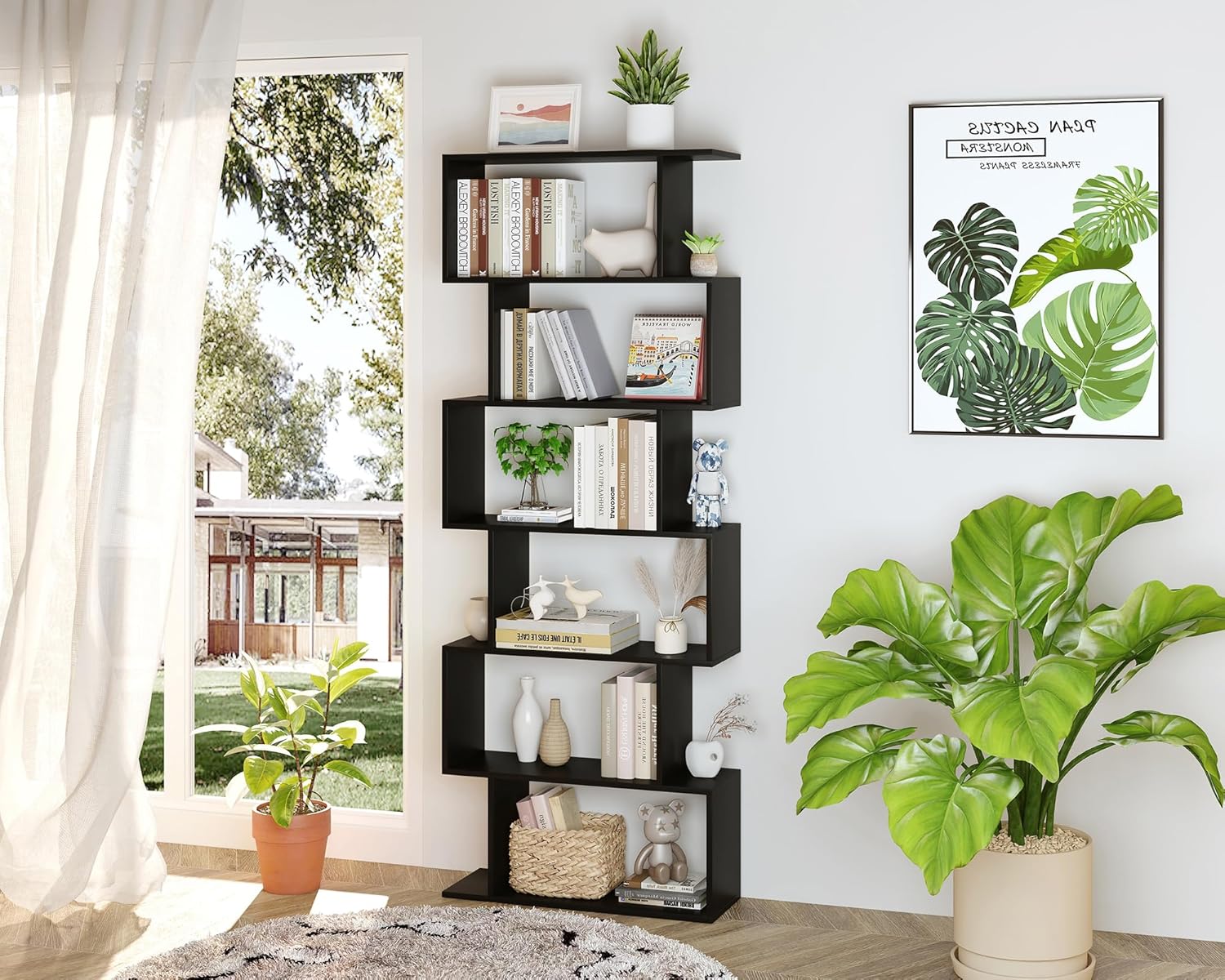 Yusong Bookshelf, Geometric Bookcase S Shaped Book Shelves Unit for Living Room, 6 Tier Tall Decorative Display Shelf for Bedroom, Study Room, Black