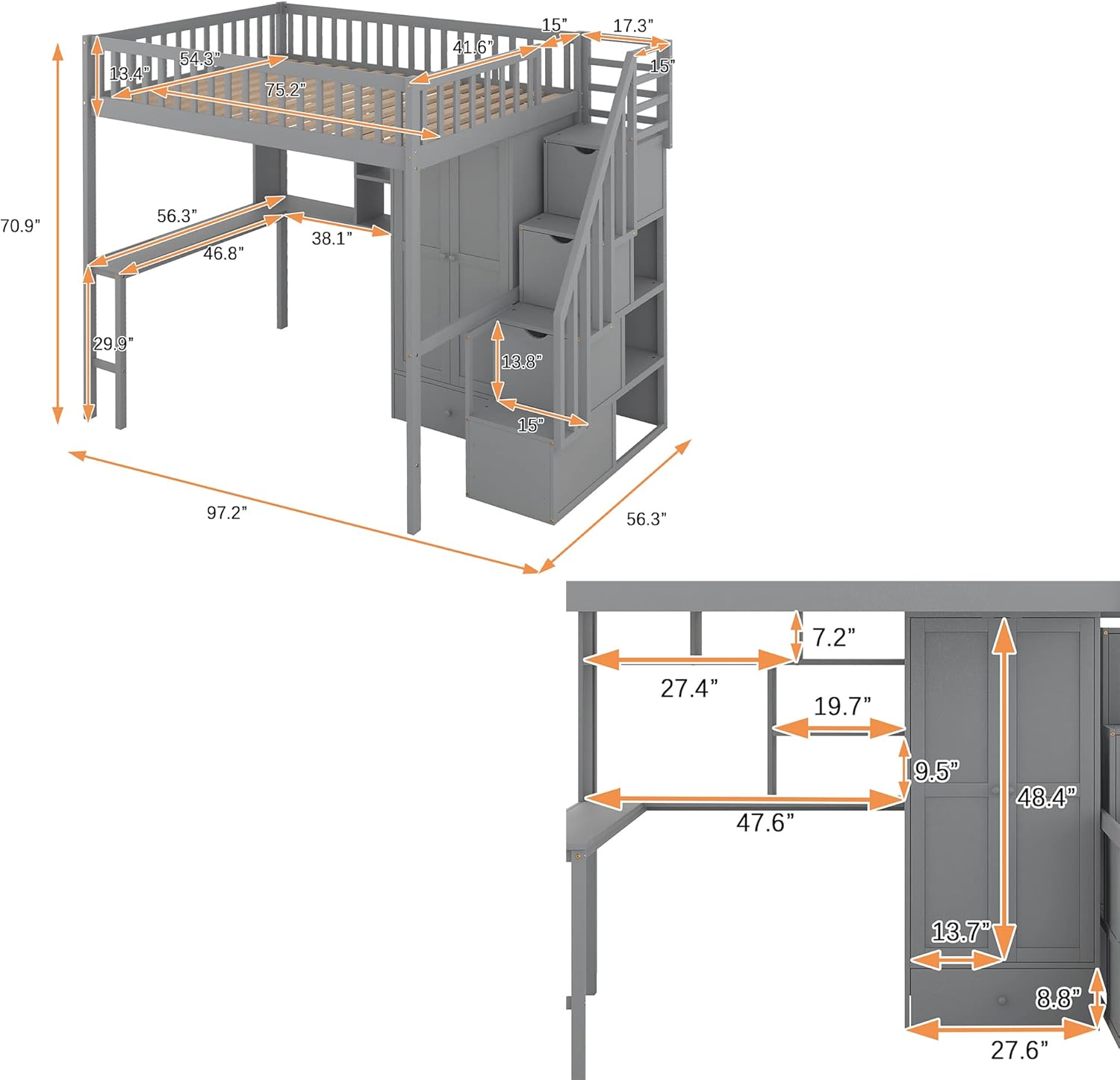 Harper & Bright Designs Full Size Loft Bed with Stairs, Desk, Bookshelf, Storage Drawers and Wardrobe, Solid Wood Loft Bed Frame for Kids Teens Adults (Gray)
