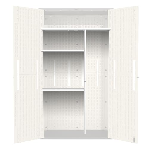 60 Cu.Ft Vertical Outdoor Storage Shed, All-Weather Resin Storage Cabinet Waterproof with Lockable Floor, Tall Backyard Shed for Patio Furniture, Garage, Garden, Pool Accessories, Porch (Khaki)