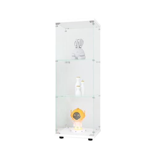 Glass Display Cabinet with 3 Shelves, One-Door Curio Cabinets for Living Room, Bedroom, Office, White Floor Standing Glass Bookshelf, Quick Installation