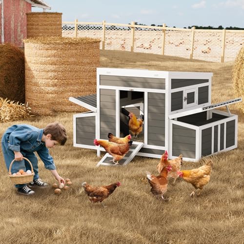 Wooden Chicken Coop, 54.41" x 34.49" x 34.05" Chicken Coop for 4-6 Chickens, with 2 Sides Large Nesting Boxes, Outdoor Poultry Cage Rabbit Cage with Ramps & Tray