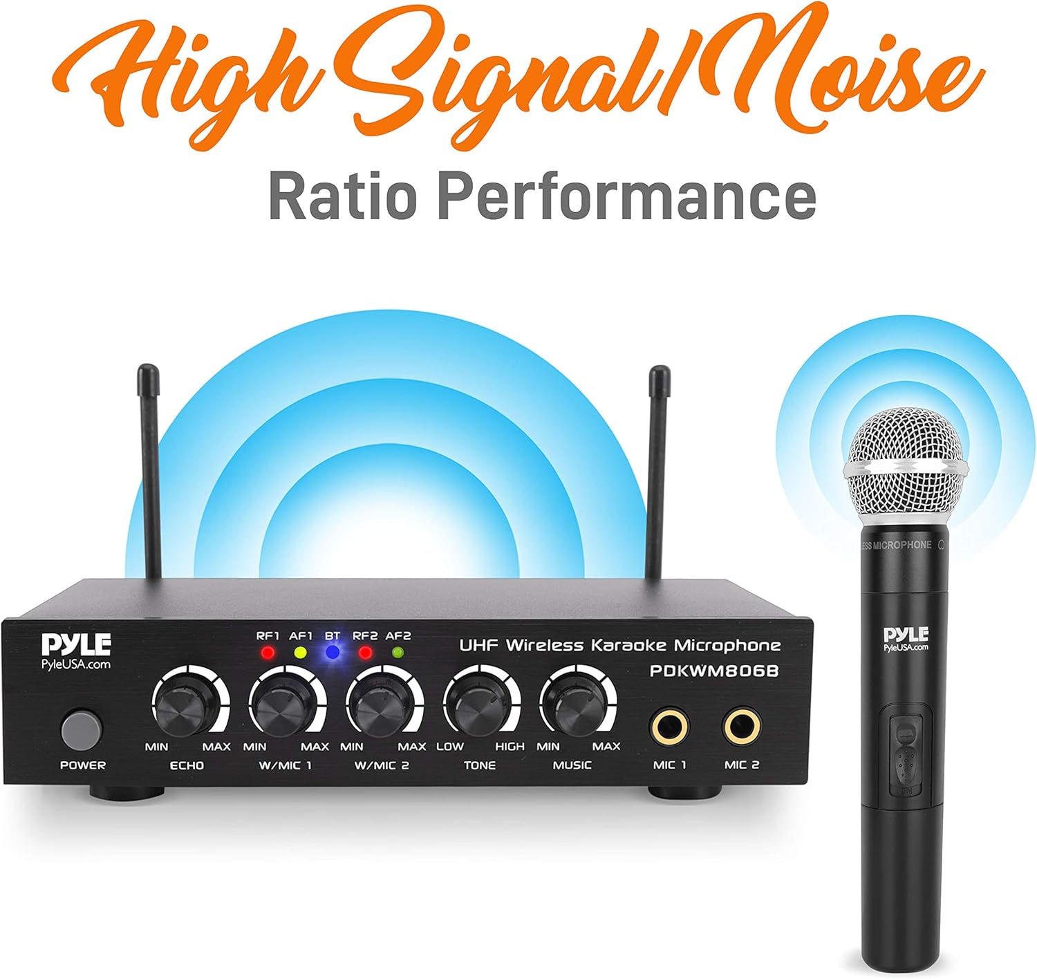 Portable UHF Wireless Microphone System - Battery Operated Dual Bluetooth Cordless Microphone Set, Includes 2 Handheld Transmitter Mic, Mixer Receiver, RCA, for PA Karaoke DJ Party - Pyle PDKWM806B