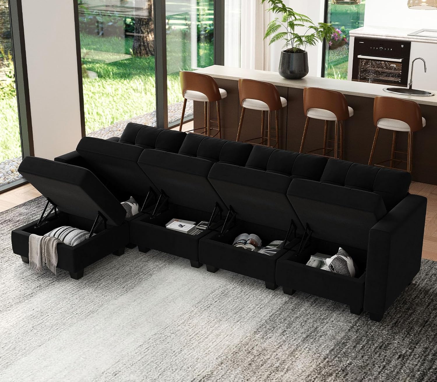 Belffin Modular Sectional Sofa Couch with Storage Seats and Ottomans, Velvet Convertible Sofa with Reversible Chaise, 5 Piece Sofa Sectionals, L Shaped Sleeper Couch, Black