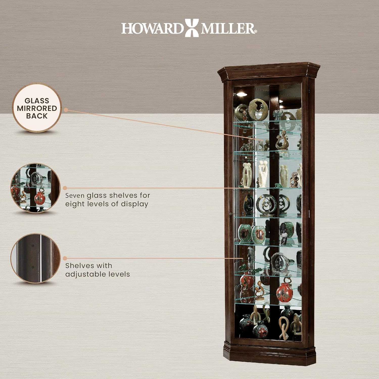 Howard Miller Dustin Curio Cabinet 680-484 �C Espresso Finish, Vertical Home Decor, Seven Glass Shelves, Eight Level Display Case, Locking Door, No Reach Light