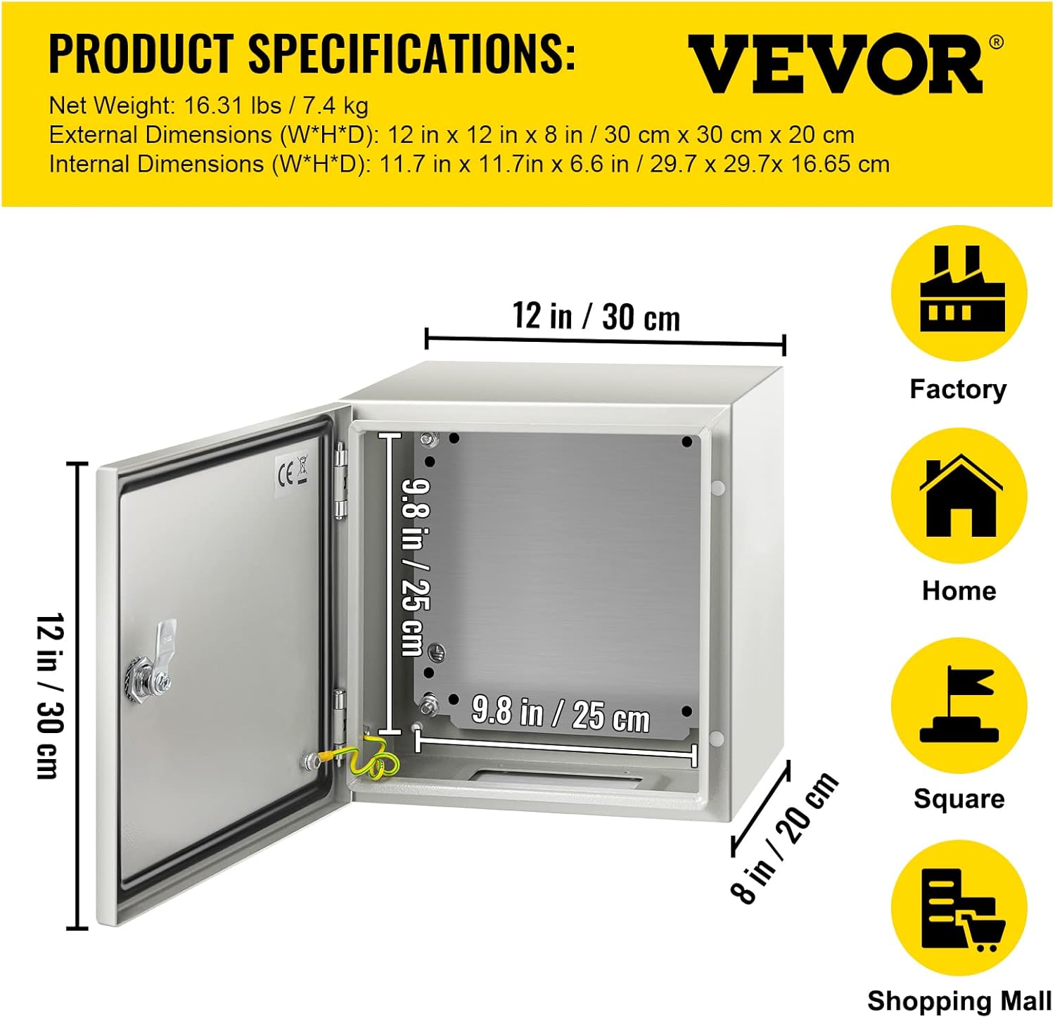 VEVOR NEMA Steel Enclosure, 12 x 10 x 6'' NEMA 4X Steel Electrical Box, IP66 Waterproof & Dustproof, Outdoor/Indoor Electrical Junction Box, with Mounting Plate