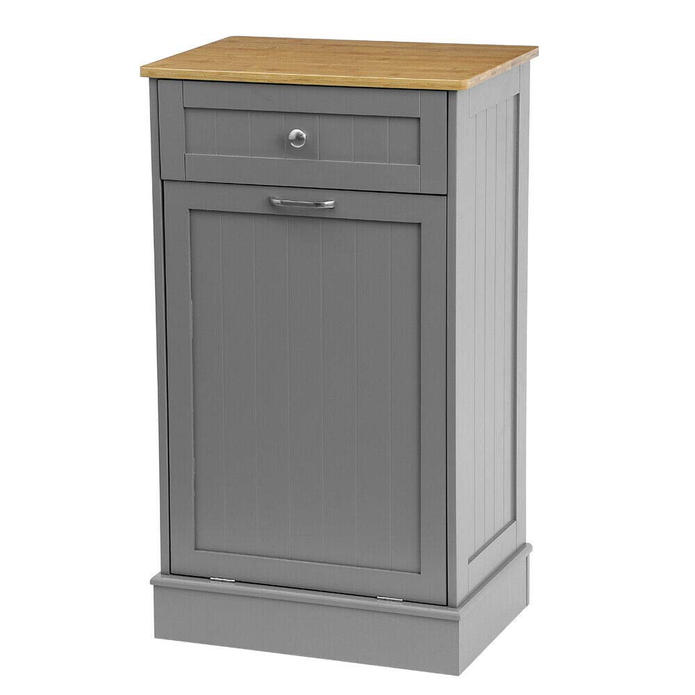 ONG Tilt-Out Trash Bin Can Cabinet, Solid Wood & Removable Bamboo Cutting Board， Hideaway Trash Holder   for Trash Disposal , Recycle (White)
