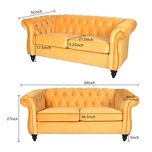 RARZOE Traditional Chesterfield Loveseat Sofa, Modern Vintage Chesterfield Button Tufted Velvet Couch with Nailhead Trim Scrolled Arms for Living Room Bedroom Office(Blue)
