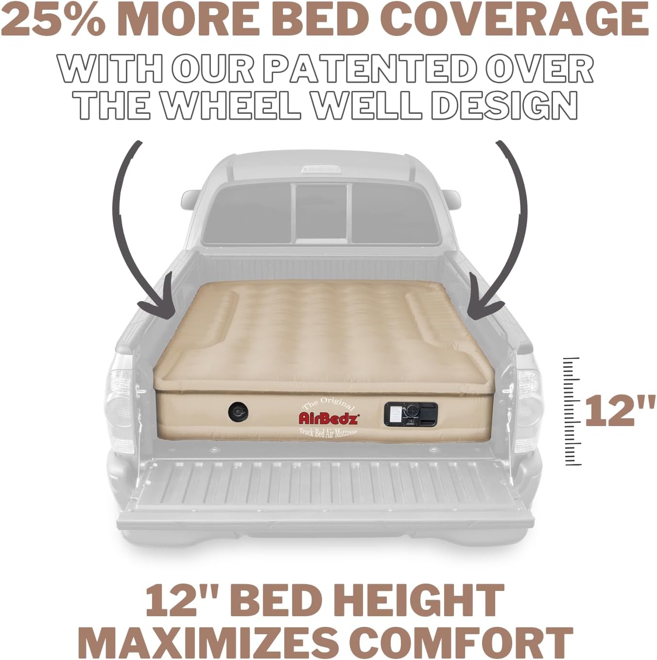 Pittman - Truck Bed Mattress 8ft + - The Original Airbedz Truck Bed Air Mattress 8ft - 100 Series - Full Size Truck Mattress with 25% more Bed Coverage for Comfortable Pickup Truck Bed Camping - TAN