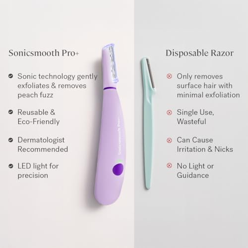 Michael Todd Beauty Sonicsmooth Pro+ Dermaplane Razor for Women Face + Eyebrow trimmer Dermaplaning System w/LED Light Peach Fuzz Remover -16 Dermaplaning Blades & 2 Microsmooth Exfoliation Tips