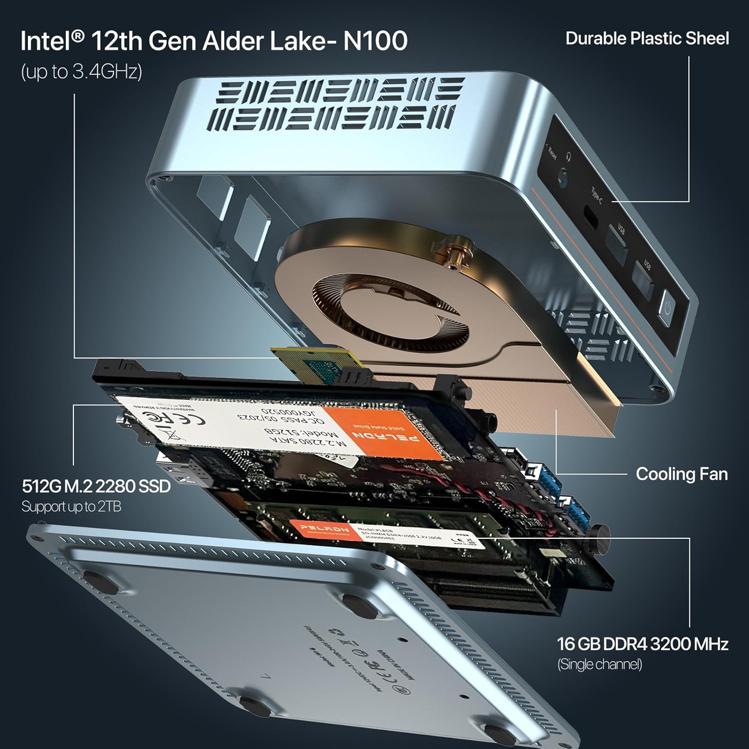 PELADN WI-6 Mini PC, Intel 12th Gen Alder Lake- N100(up to 3.4GHz), 16GB DDR4 RAM 512GB M.2 PCIe SSD, Desktop Computer Support 4K Dual Display/USB3.2/WiFi 4/BT4.2