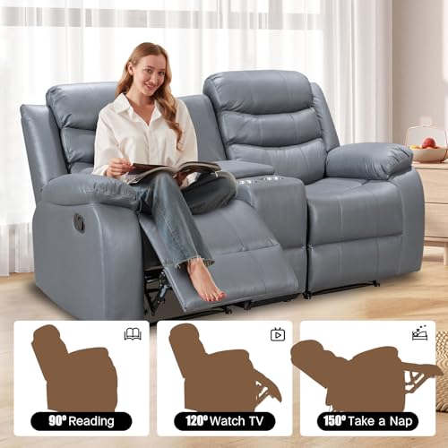Air Leather Recliner Sofa, Manual Double Recliner with Cup Holder and Storage Space, Living Room/Bedroom/Meeting Room Double Recliner Sofa,Grey