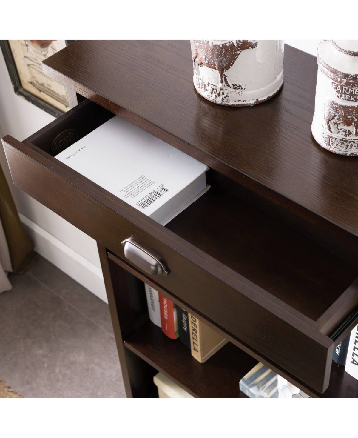 Leick Home 81262 Mantel Height 3 Shelf Bookcase with Drawer Storage, Chocolate Oak