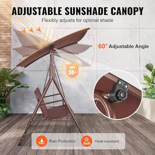 VEVOR 3-Seat Patio Swing Chair, Converting Canopy Swing, Outdoor Patio Porch with Adjustable Canopy, Removable Thick Cushion and Alloy Steel Frame, for Balcony, Backyard, Poolside, Brown