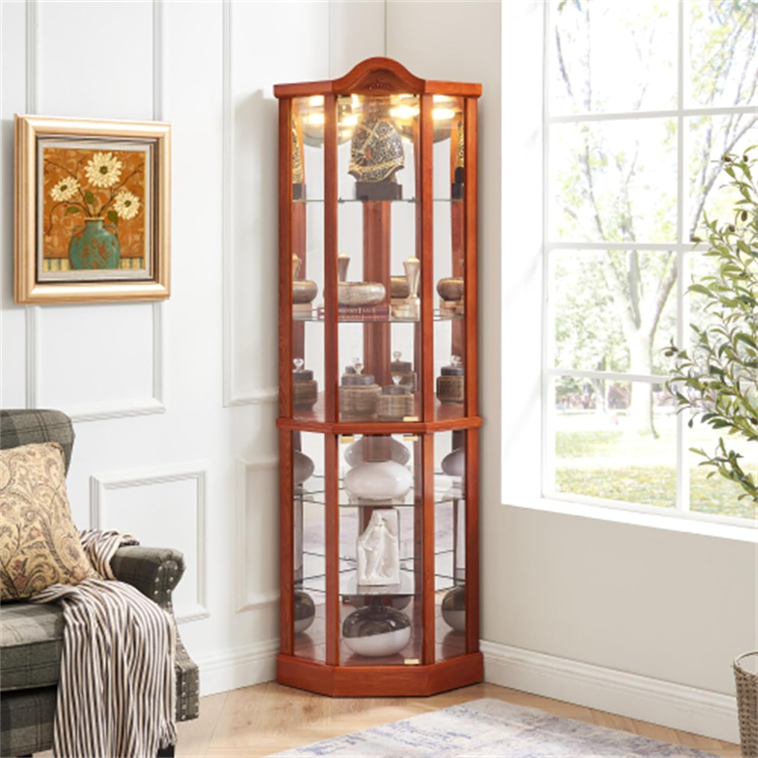 Curio Glass Corner Cabinet with Lights,Wooden Glass Cabinet with Adjustable Shelves,Classic Storage Cabinet,Carved Decoration Display Cabinet for Exhibition, OAK