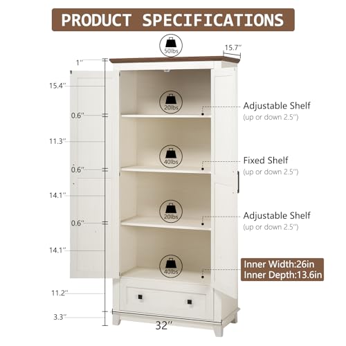Farmhouse Kitchen Pantry Cabinet, 72" Tall Storage Cabinet with Adjustable Shelves & Barn Doors, Freestanding Kitchen Cupboard for Dining Room, Living Room, Barnwood+White