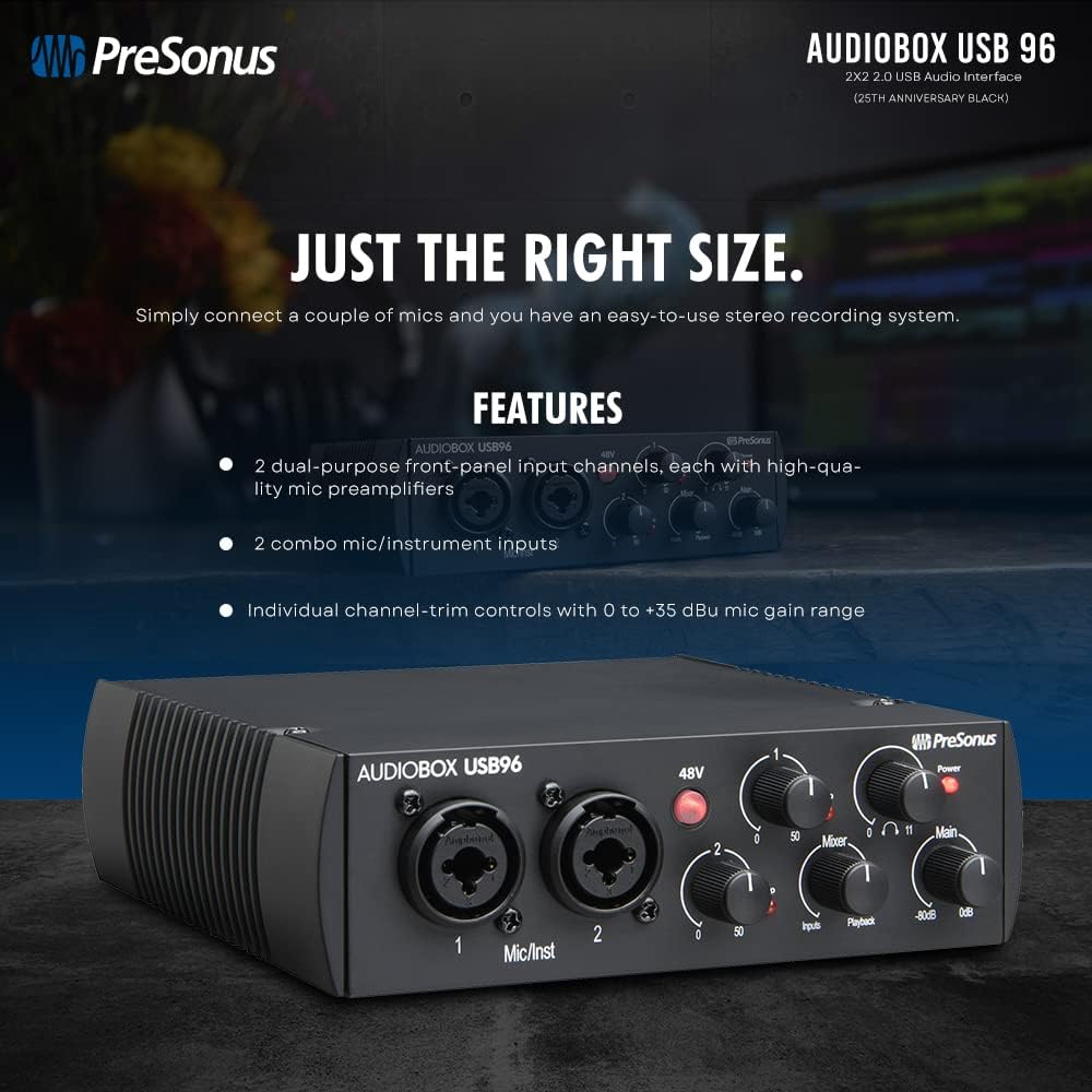 PS PreSonus AudioBox USB 96 2.x USB Audio Interface (25th Anniversary Black) w/Studio One Artist & Studio Magic Recording w/Two Condenser Microphones, Headphones, & More in Accessories Bundle