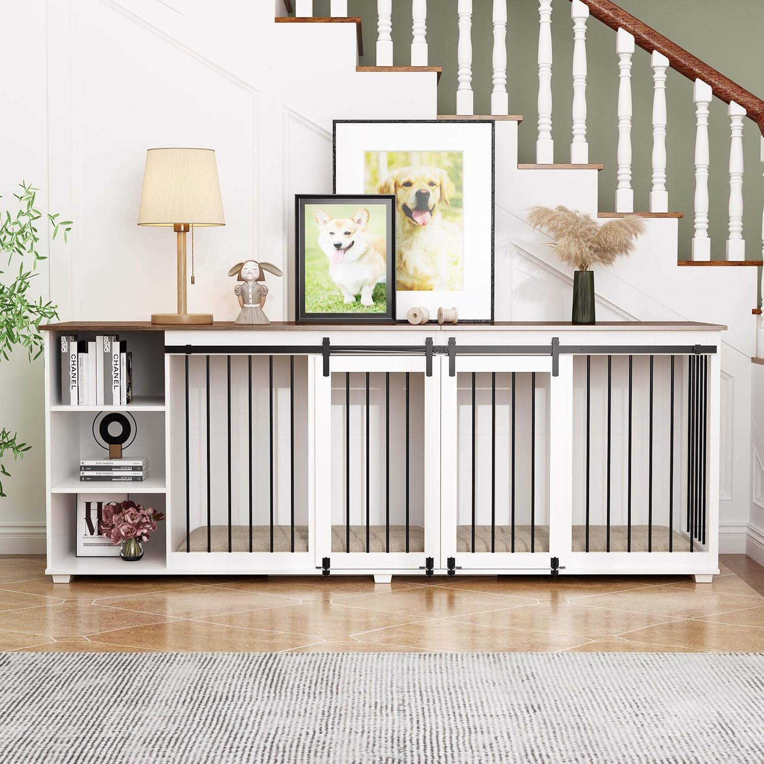 Large Dog Crate Furniture, 86.6" Wooden Dog Kennel for 2 Dogs with Shelves,Divider & Slidding Door, Indoor Heavy Duty Furniture Style Dog House w/Double Rooms for Large Medium Dogs, White