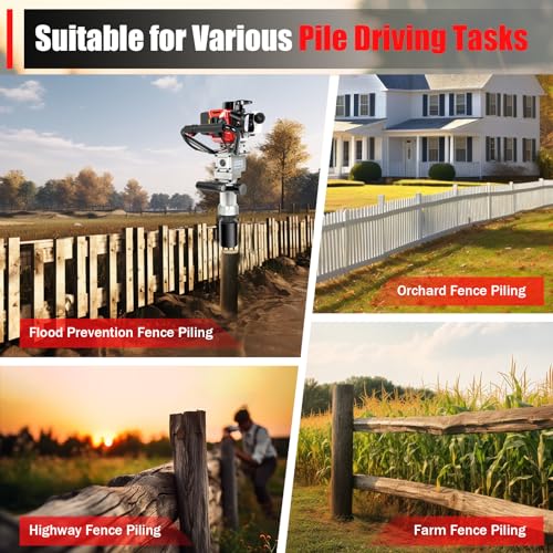 T-Post Driver,32.6CC 2 Stroke 1.2HP Gas Powered Pile Driver Fence Push Pile Gasoline Jack Hammer Engine Portable Petrol Pole Pounder w/Two Driving Heads Single Cylinder Air Cooling MaxSpeed 8500r/Min