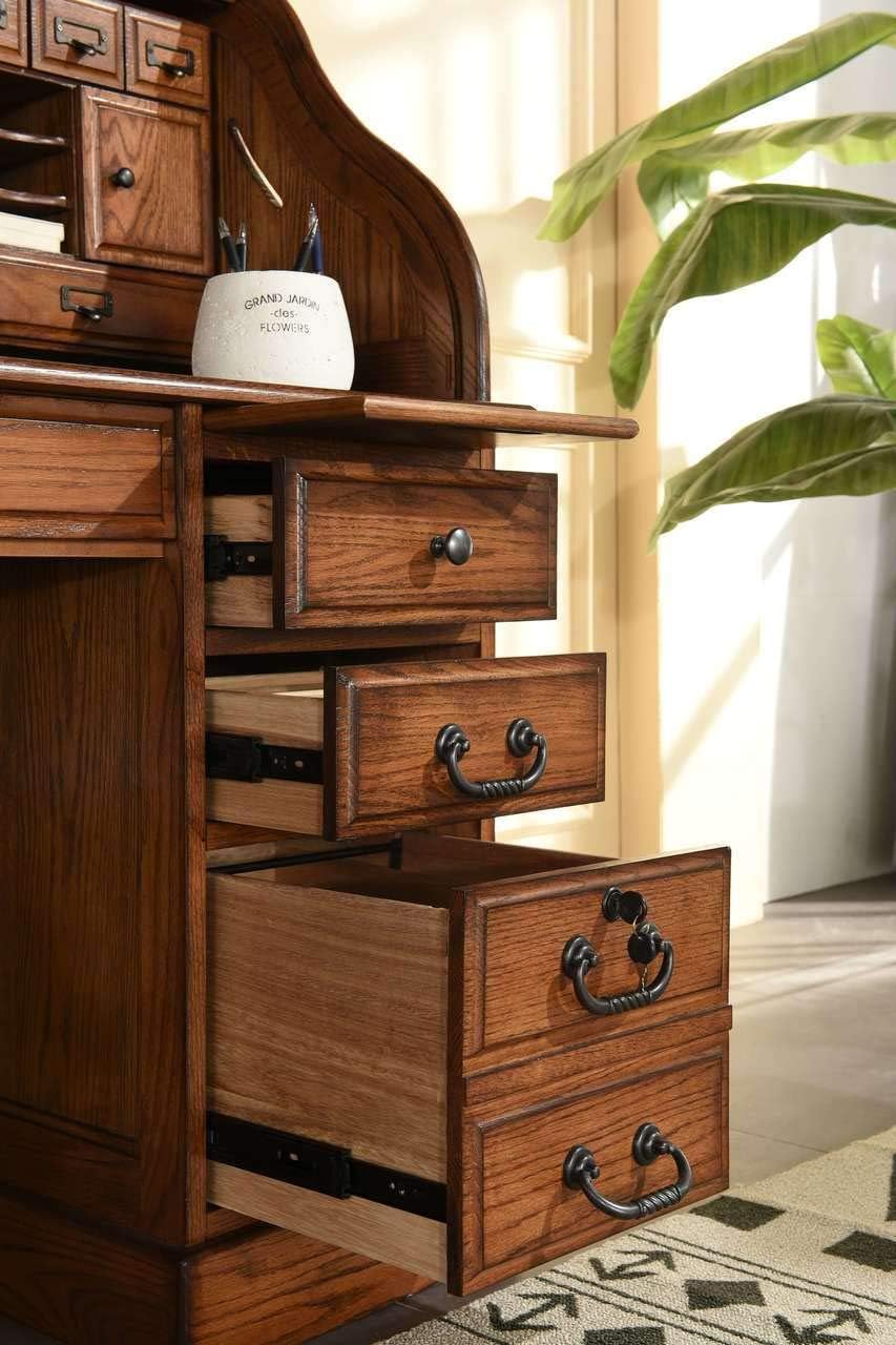 Roll Top Desk Solid Oak Wood - 54 Inch Deluxe Executive Rolltop Desk Burnished Walnut Stain for Home Office Secretary Organizer Roll Hutch Top Easy Assembly Quality Crafted Construction