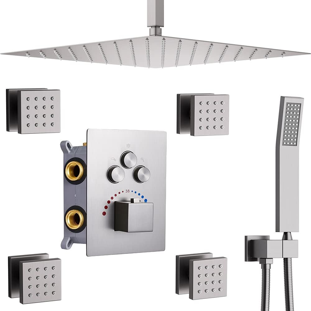 WHSHOWER Ceiling Mounted Thermostatic Rain Mixer Shower System Set 16 Inch Square Rainfall Shower Head With 4 Body Spray Jets And Brass Handshower Can Use All Options At A Time Brushed Nickel